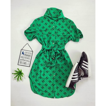 Rochie ieftina casual stil camasa scurta verde cu cc si cordon in talie